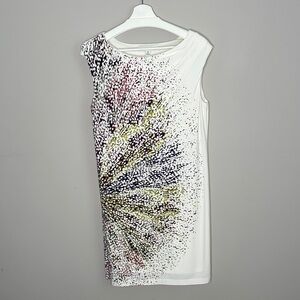 Maggy London Elegant White and Multicolor Patterned Dress